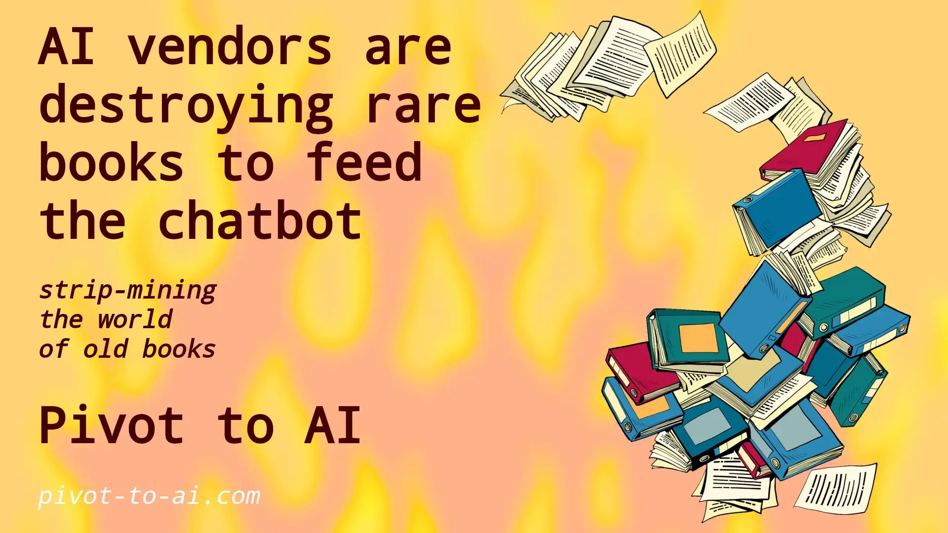 books flying about on a background of flames